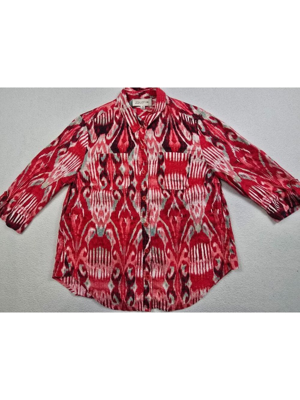 Jones New York Sport Petite PM 100% Linen Ikat Print Shirt
